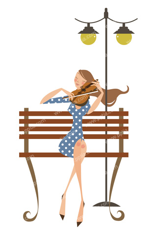 벤치에 앉아 바이올린 연주하는 여성 이미지 미리보기