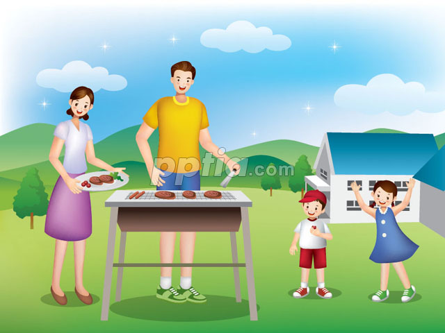 펜션에서 고기를 굽고있는 가족 이미지 미리보기