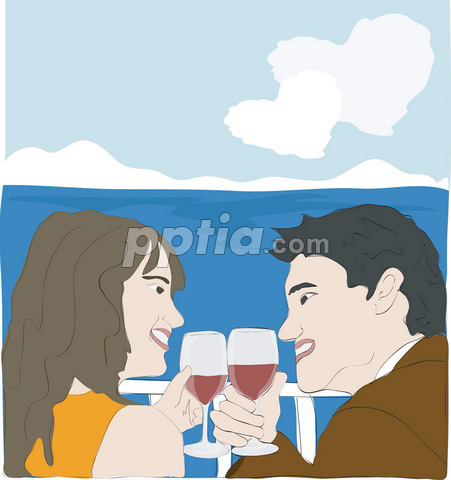 바다와 함께 와인을 마시는 커플 이미지 미리보기
