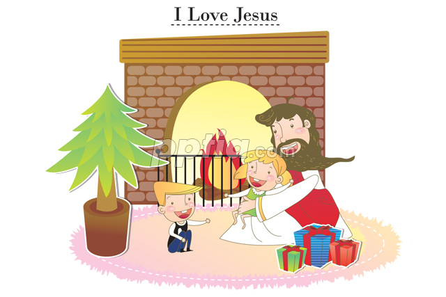 벽난로 앞에 앉아 있는 예수님과 아이들 이미지 미리보기