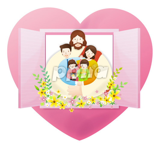 하트창문안의예수님과가족 이미지 미리보기