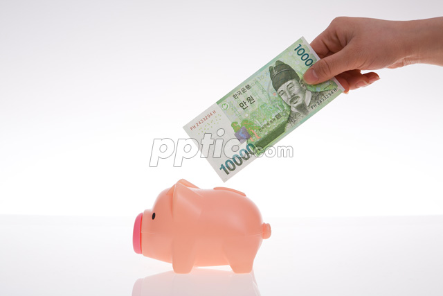 돼지저금통과 돈 들고 있는 손 이미지 미리보기