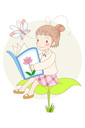 나뭇잎 위에 책 읽고 있는 여학생 템플릿