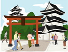 일본건축물과 관광객 템플릿