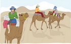 사막의 낙타를 타고 있는 관광객 템플릿